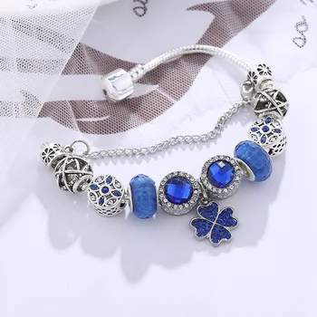 Evropa in zda do leta 2020 novo modro kristalno lucky clover panjia čar zapestnico ženski diy prvotno nakit februar 14 darilo