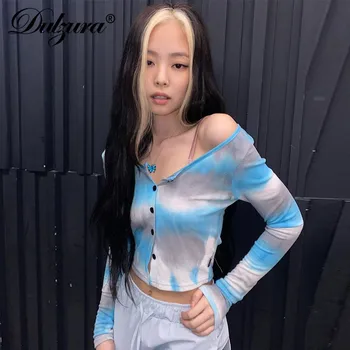 Dulzura tie dye belušno ženske pletene cardigan obreži zgoraj gumb dolg rokav bodycon seksi ulične slim korejski klub jesen zima
