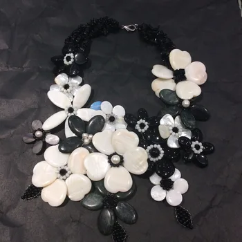 Naravni StoneBlack Oniks Bela MOP lupini FW pearl choker cvet ogrlica za ženske