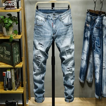 EH · MD® Trojni Šivi Jeans Moške Velike Usnje Oznaka Mehko Priložnostne Bombaž Svoboden Nič Hlače Luknje Rdeča Ušesa 2020 High-end