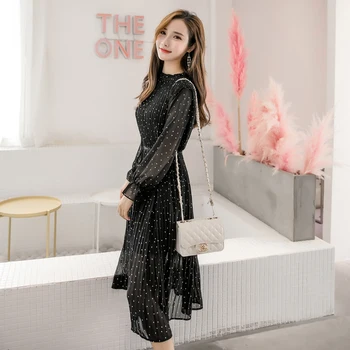 Črna Vintage Oblačil Za Pomlad Lady Dolgo Šifon Obleko 2020 Nove Korejske Modne Ženske Dolgo Oplaščeni Polka Dot Nabrano Obleko 3670 50