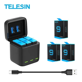 TELESIN 3 Paket Baterija 1750 mAh za GoPro Hero 9 3 Načine LED Luč za Polnilnik TF Kartice, Baterije, Shranjevanje Za GoPro Hero 9 Črna