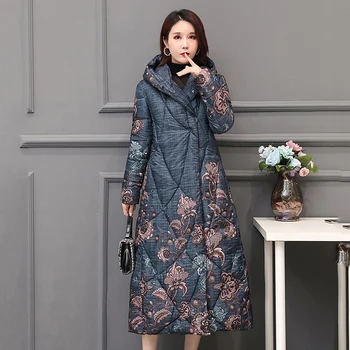 Kitajski Slog Žensk Pozimi Navzdol Jakno X-dolgo Tiskanje Plus Velikost Debele Outwear Hooded Svoboden Zajeti Gumb Ženski Plašč Hladne