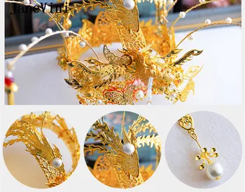 JaneVini Kitajski Slog Tassel Lase Pin Zlato Phoenix Biseri Poročne Krono Tradicionalno Poroko Headpieces Uhani Nevesta Glavo