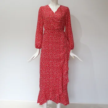 2020 Jesenske Počitnice ženske obleke pika tiskanje Proti-vrat visoko pasu čipke dolg rokav obleke temperament preprost vestidos em*