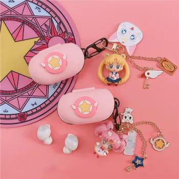 Sailor Moon Silikonski Pokrovček za Samsung Galaxy Brsti / Brsti+ Primeru Brezžične Bluetooth Slušalke Kritje Srčkan roza obesek za ključe Obesek