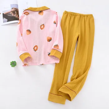 2020 Pomlad Nove Ženske Pižame Nastavite Sweet Strawberry Natisnjeni Ženske Zavoj Navzdol Ovratnik Sleepwear Udobje Gaza Bombaž Svoboden Homewear