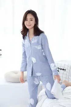 Sveže Maple Leaf Pajama Določa Žensk Gaza Bombaž Japonski Poletje Dolg Rokav Priložnostne Sleepwear Ženske Preprosto Pižame Femme