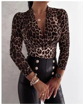 Ženske Elegantne Leopard Tiskanja bluzo majica 2020 Jeseni Priložnostne Dolgimi Rokavi Pulover Vrhovi Urad Dama 2XL Fashion Sexy Proti-Vrat Blusa