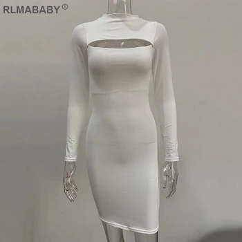 RLMABABY 2020 Poletje Dvojno Plast Bodycon Ženske Obleka za Nočni Klub Stranka Mini Obleka Votlih Prsih Dolgimi Rokavi Ženske Sexy Obleka