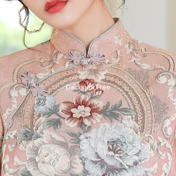 2021 žensk orientalski slog svoboden saten obleke vezenje qipao haljo dolgo cheongsam starodavnih tradicionalnih izboljšano kitajska obleka