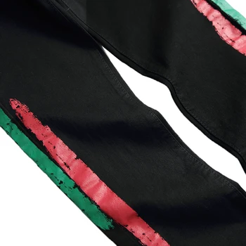 Sokotoo Moške barvnim trakom natisnjeni črno stretch traper kavbojke Slim fit plus velik obseg naslikal dolge hlače