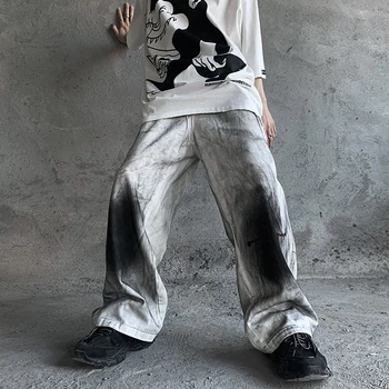Moški Letnik Grafiti Natisnjene Traper Hlače Elastični Pas Svoboden Naravnost Jeans Hlač Hip Hop Ulične Priložnostne Joggers Jean Hlače