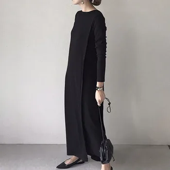 Ženske Dolge Obleke 2020 Pade Na Japonskem Slogu, Dolgi Rokavi, Črn Osnovne Puloverju Obleke Vzročno Maxi Haljo Urad Ženske Svoboden Vestidos