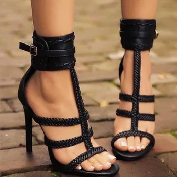 Poletje Nove sandale, Ženske Črna PU Usnje T-trak, Pleteni Belt Sponke Stiletto Visoko Peto Sandali, Čevlji za Lady