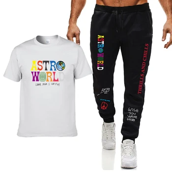 2020 novo Travis Scott Astro Svetu T-shirt visoke kakovosti moške priložnostne ulica Harajuku print + dva kosa športne hlače