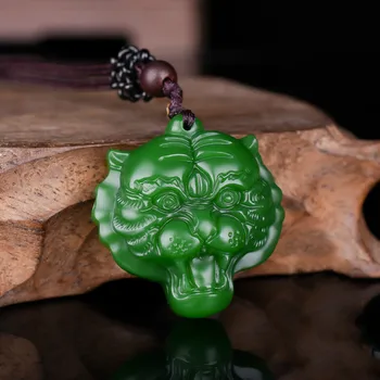 Kitajski Naravnih Tiger Vodja Green Jade Ogrlico, Obesek, Ročno izrezljano Čar Jadeit Nakit Modni Amulet Darila za Moške