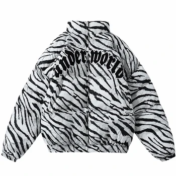Zebra Vzorec Tiskanja Vezenje Parkas Suknjič Harajuku Priložnostne Ulične Hip Hop Bomber Jakno Moda Debel Toplo Outwear Plašč