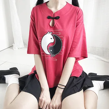 Kitajski Slog Yin Yang Bagua Fox Print Majica S Kratkimi Rokavi Ženske Harajuku Kratkimi Rokavi Tshirt Najstnik Mlada Dekleta Tradicionalnih Streetwears
