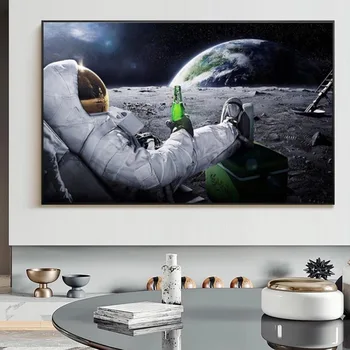 Sodobna Piva Vesolje Zemlja Astronavti Luna Oljna slika na Platnu, Plakati, Tiskanje Wall Art Slik, Dnevna Soba dekor