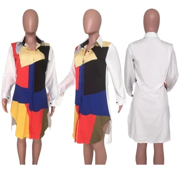 Mozaik Kontrast Barve, Dolg Rokav Shirt Obleko Ženske 2020 Znižuj Ovratnik Gumb Asimetrični Shirt Obleko Priložnostne Jeseni Obleko