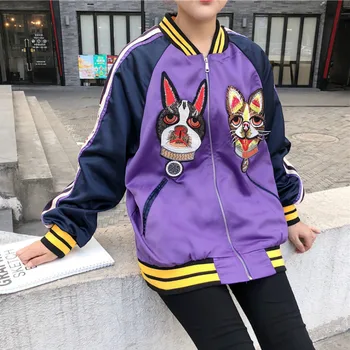 Ženska Harajuku Saten Suknjič Pes Vezenje Baseball Plašč Hit Barve Uniform BF Kratko Jopico Vrhovi Bomber 2018 Ourwear