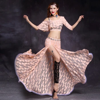 Nova Moda za Ženske, Ples, Oblačila, Cvetlični Čipke Razred Obrabe Off-ramo Strani Špranjske Ples Trebuh Kostum Set Top in Krilo