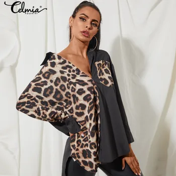 Celmia Ženske Retro Seksi Leopard Tiskanja Bluze 2021 Jeseni Priložnostne Ohlapne Majice Z Dolgimi Rokavi Asimetrični Plus Velikost Vrh Femininas 7