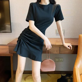 Kratek Rokav Obleka Ženske Naguban Vrvico Slim Elastična Visoko-pas Mini Obleke Seksi Dame v korejskem slogu Trdna Preprosta Modna