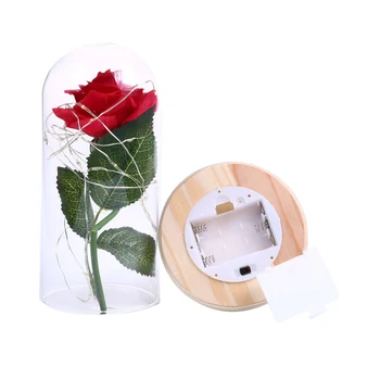 Visoka Kakovost Stekla, Pokrov Rdeče Rose Cvet Niz LED Luči Leseno Osnovo za Romantično Valentinovo Darilo za Rojstni dan baterijsko Napajanje