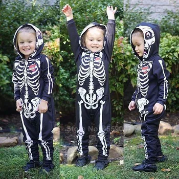 Halloween Okostje Cosplay Kostume za Newborn Baby Boy Hooded Romper Jumpsuit Novost Strašno Lobanje 3D Tiskanja Otrok Gothic Bodysuit
