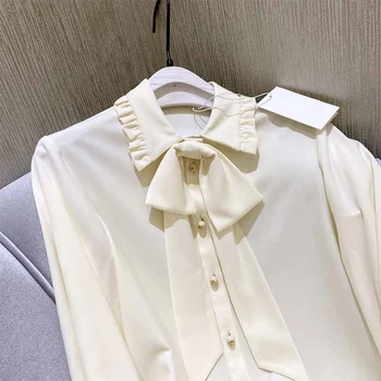 Cosmicchic Svilene Bluze Za Ženske Visoke Kakovosti Lok Ovratnik Ruffle Long Sleeve Majica Bela Bluza Elegantne Srajce, Bluze 2020