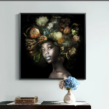 Črna Ženska S Cvetjem na Glavi Oljnih Slik Tisk na Platno Umetnosti Plakatov in Fotografij Afriške Cvet Ženska Art Slike Cuadros