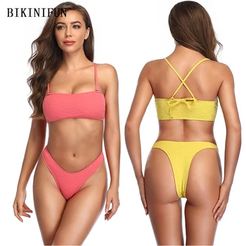 2021 Nove Seksi Barva Kopalke Ravno Bralette Kopalke Ruched kopalke S-XL Križ Nazaj Plažo Visoko Pasu Bikini Komplet