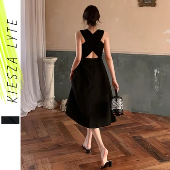 Ženske Poletne Seksi Obleko Elegantno Hepburn Slog Black brez Rokavov Nazaj Križ Midi Črto Stranke Obleke 2021New Moda Vestidos