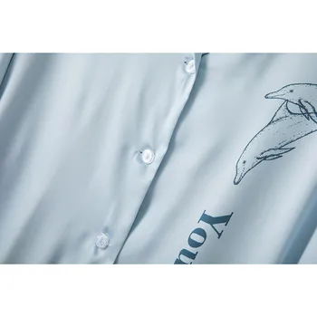 Sleepshirt Svetlo Modra Sleepwear Ženski Tisk Dolphin Nightgown Z Gumbi Nightdress Saten POLETJE Novo Kimono Obleke kopalni plašč