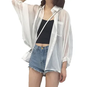 B žensko Bluzo Poletje korejska Različica Svoboden Divje Bat Rokav Shirt za zaščito pred soncem Tanke Vrhovi Dolg Rokav Blusas Mujer De Moda 2020