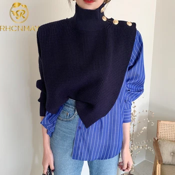 Korejski Elegantna 2020 Jeseni Visok Ovratnik Strani Gumbov Ponaredek Dva-kos Majica Prugasta Šivanje Mehurček Sleeve Jopica Modre ženske