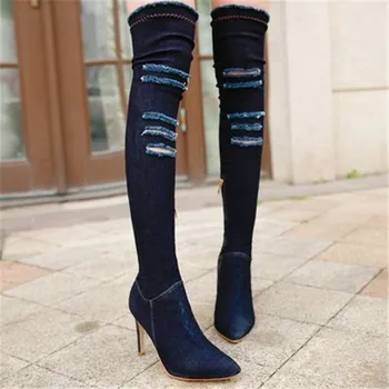 Novo 36-42 Ženske elastičnega jeansa jean čevlji stegno visoki škornji Čez kolena in škornji kavboj dolgo čevlji za Ženske v Visokih Petah botas mujer