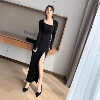 Moda Korejski Elegantne Dame Gumb Režejo Split Klub Obleke Ženska Črna Seksi Dolgimi Rokavi Ženske Bodycon Plesti Obleko