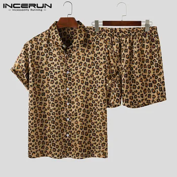 Moški Modni Leopard Natisnjeni Kompleti INCERUN Kratek Rokav River Majica Elastične Hlače 2 Kosa Poletje Plaža Mens Obleke Stteetwear 5XL
