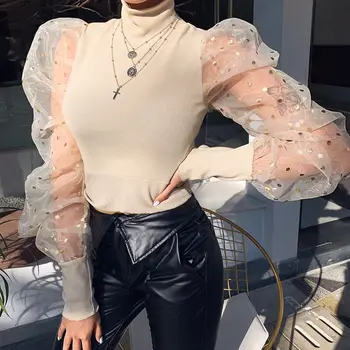 OSLLENLLA Visoko Vratu Očesa Puff Rokav Pika Bluzo Ženske Mozaik Odrezana Elegantno 2020 Moda Pomlad Elastična Slim Dame Vrh