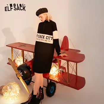 ELFSACK Colorblock Pismo Jacquardske Priložnostne Plesti Vintage Obleke Ženske,2020 Zimske ELF Poln Rokav Zadrgo korejski Dame Oblačenja