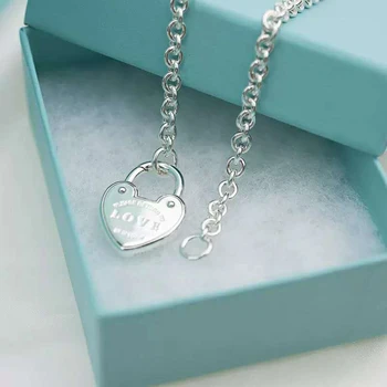 Prvotni 1:1 LOGOTIP Surove Različice S925 Sterling srebrni Nakit Srce-obliko Zaklepanje Obesek Ogrlice za Ženske Valentinovo darilo