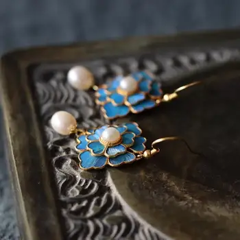 Cloisonne pearl emajl porcelana uhani cvet pozlačenega Kitajski retro palace slog lepe edinstven čar ženske blagovne znamke nakit