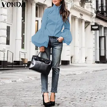 Bluzo Ženske VONDA 2021 Modni Ženski Dolgo Luč Sleeve Solid Vrhovi Femme Priložnostne Blusas Outwear Top Plus Velikost Bela Tunika 5XL
