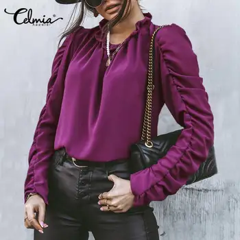 5XL Celmia 2021 Moda Ruffles Naguban Majice Ženske Priložnostne Dolg Rokav Vrhovi in Bluze Elegantna Urad Barva Stranka Blusas