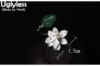 Uglyless Pravi S925 Sterling Srebro Ženske Lotus Obroči Odpiranje Ročno izdelan Prstan Naravnih Jade Osebno Cvetlični Nakit Alergije brez
