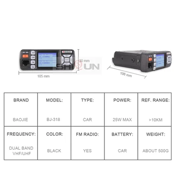 Baojie BJ-318 Avto Walkie Talkie Dual Band VHF, UHF Mobilna Radijska 20/25 W Walkie Talkie 10 km avtoradio 10 KM Nadgradnja BJ-218 Z218