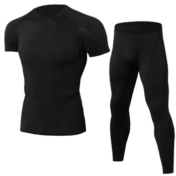 Fitnes bo ustrezala moške nove T-majica + hlače stiskanje, hitro sušenje, dihanje oblačila za fitnes, visoka elastičnost hlačne nogavice